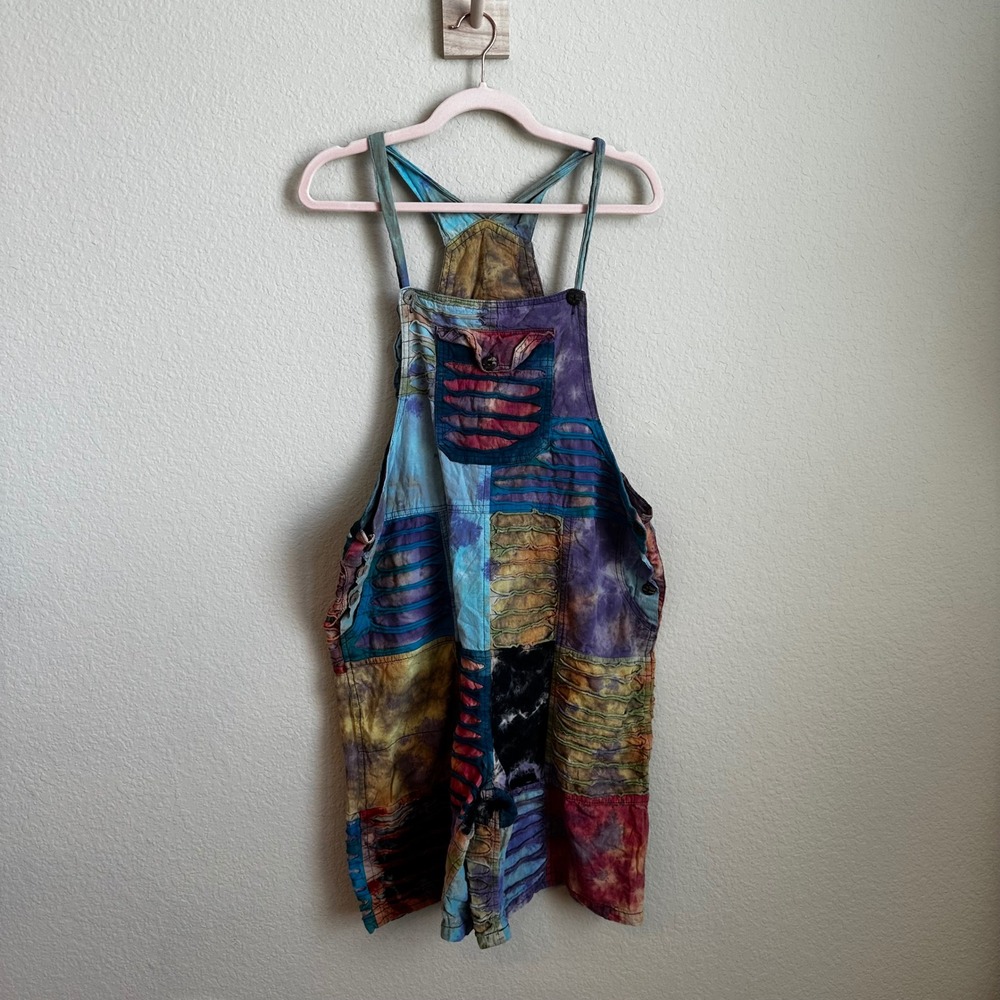 Shop Therapy Patchwork Tie Dye Razor Cut Cotton Overalls XL Nepal Boho Festival